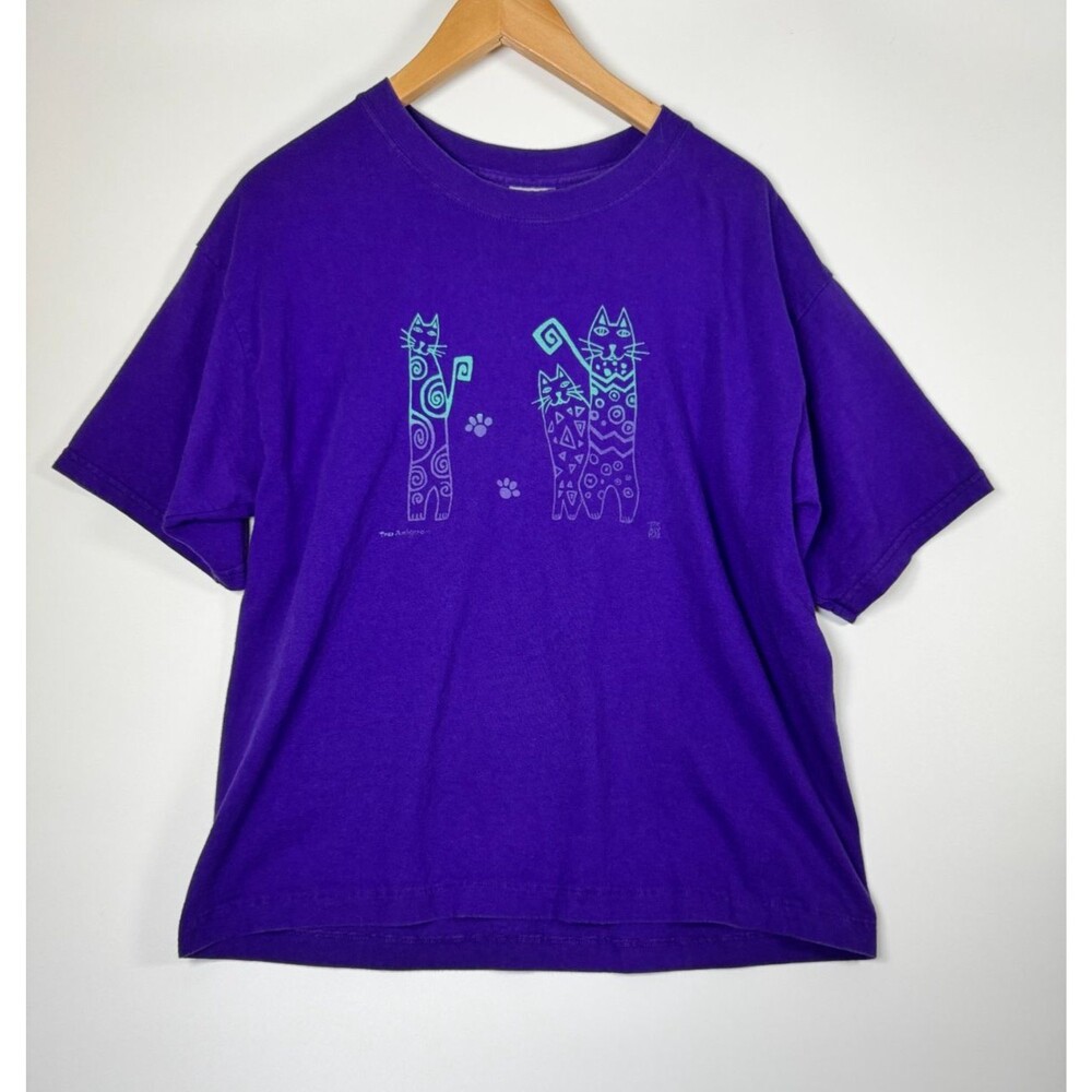 Tres Amigos Cat Graphic T Shirt Womens Large‎ Purple 90s Art Print Tee Pet Lover